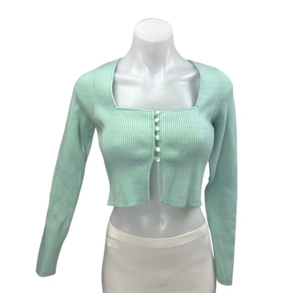 Zara Women's Green Rib Knit Square Neck Long Sleeve Button Crop Sweater Top Sz M - Picture 1 of 4